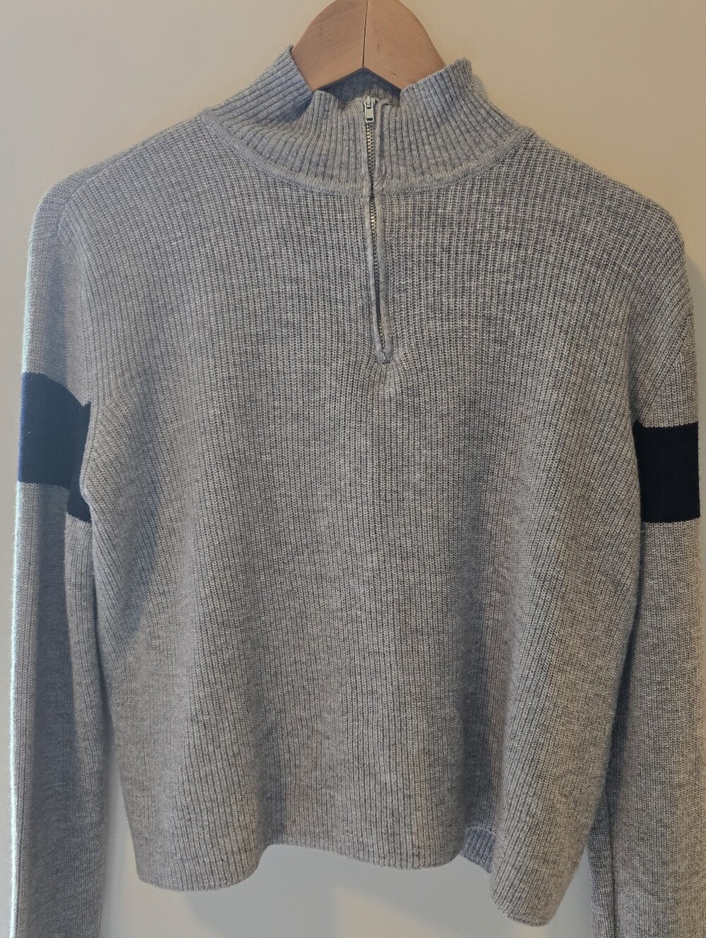 Brandy Melville Light Gray Half-Zip Ribbed Sweater with Black Elbow Stripes